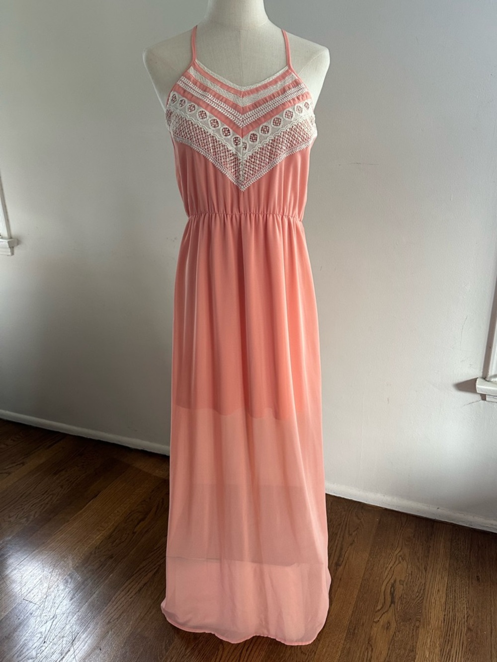 Coral Crochet Maxi Dress Spaghetti Strap Flowy Summer Boho Dress Medium